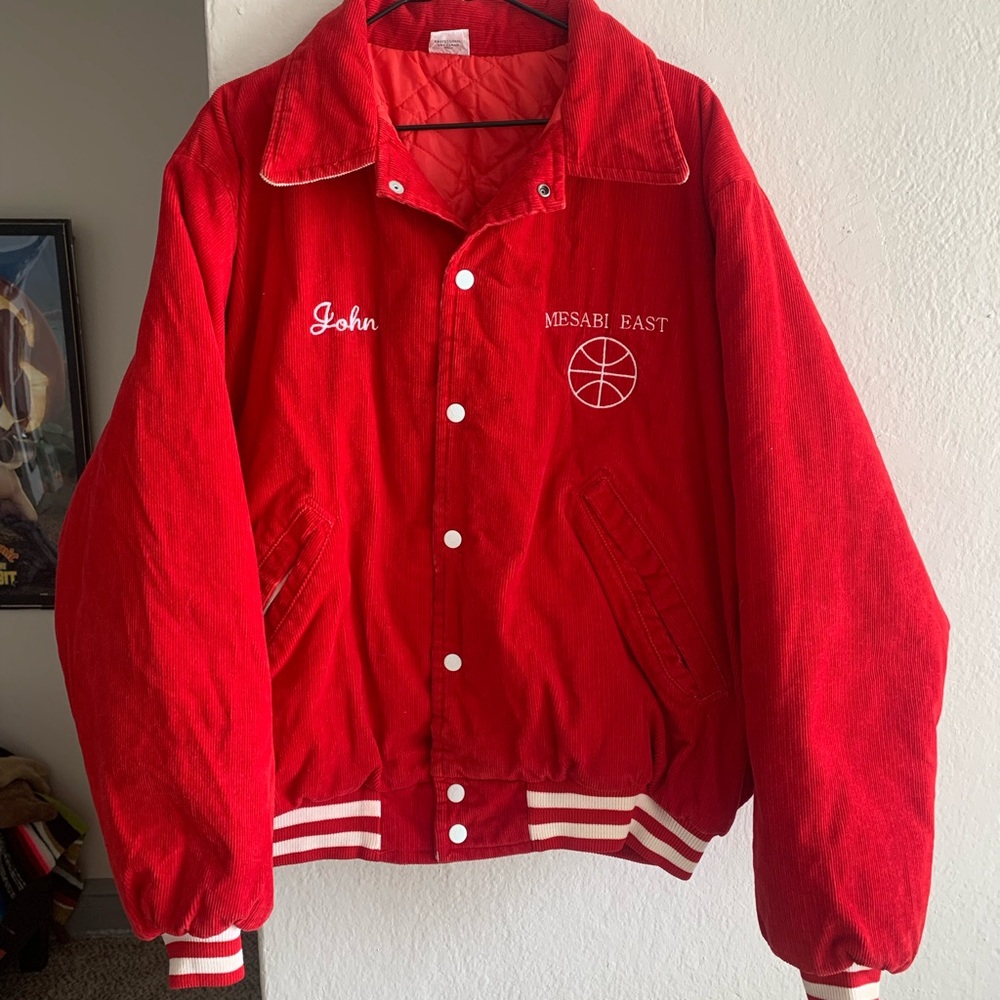 1960s Birdies Red Bomber Jacket with Striped Cuffs and Fold-Down Collar